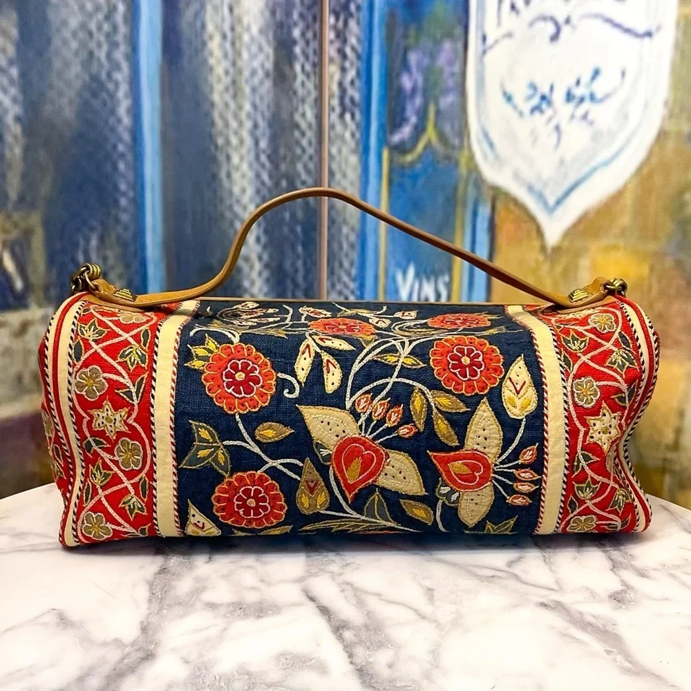 Tory Burch Tapestry Embroidered Barrel Bag‎ Floral Carpet Navy Red Gold GUC